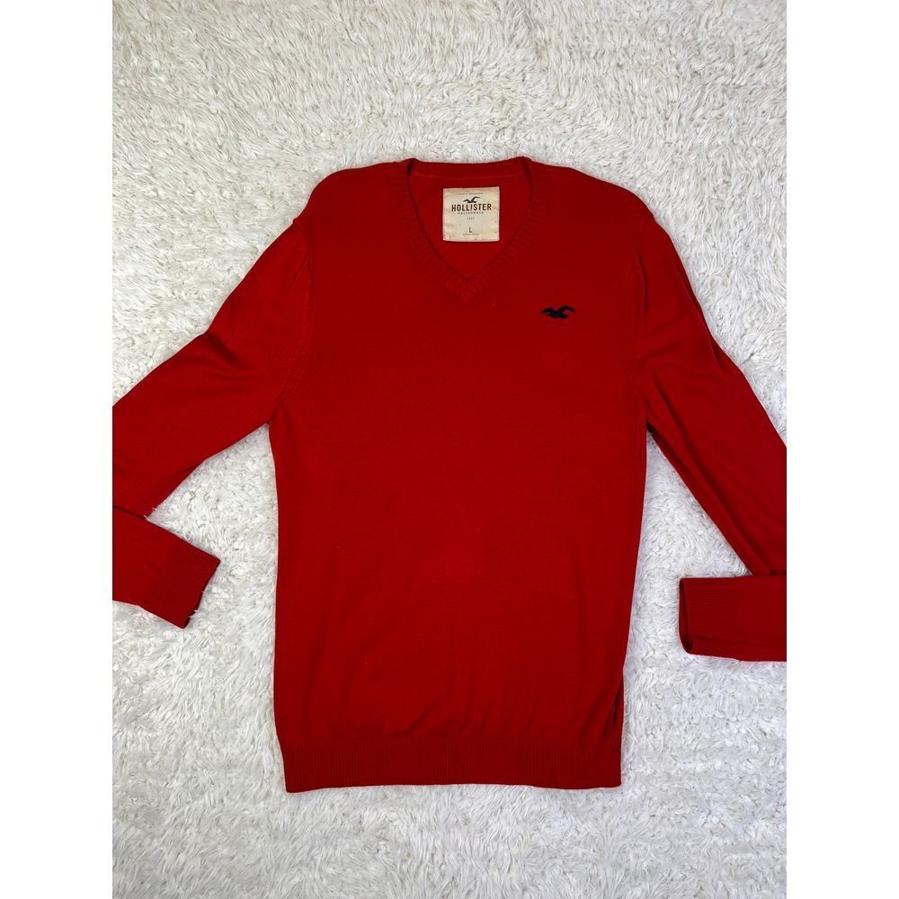 Hollister Red V-Neck Cotton Blend Sweater Classic Casual Long Sleeve Pullover L
